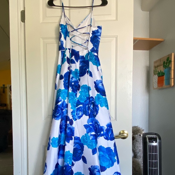 Blue Floral Prom Dress W/ Lace Up Back - Picture 2 of 3